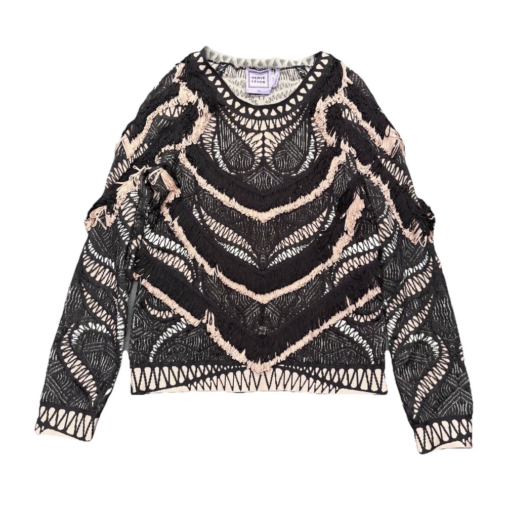 Herve Leger Everly‎ Abstract Knit Fringe Sweater Size XS Designer Statement Top